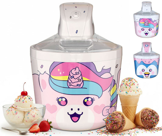 Ice cream maker with the lid open showing the freezer bowl