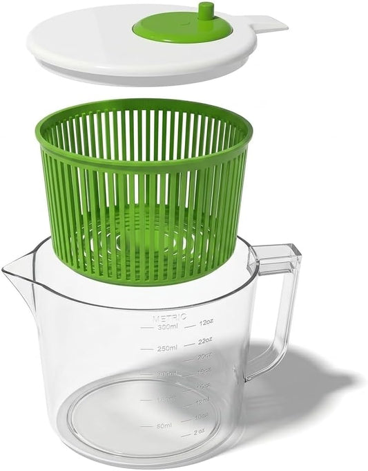 Mini salad spinner and dryer with a measuring-cup bowl