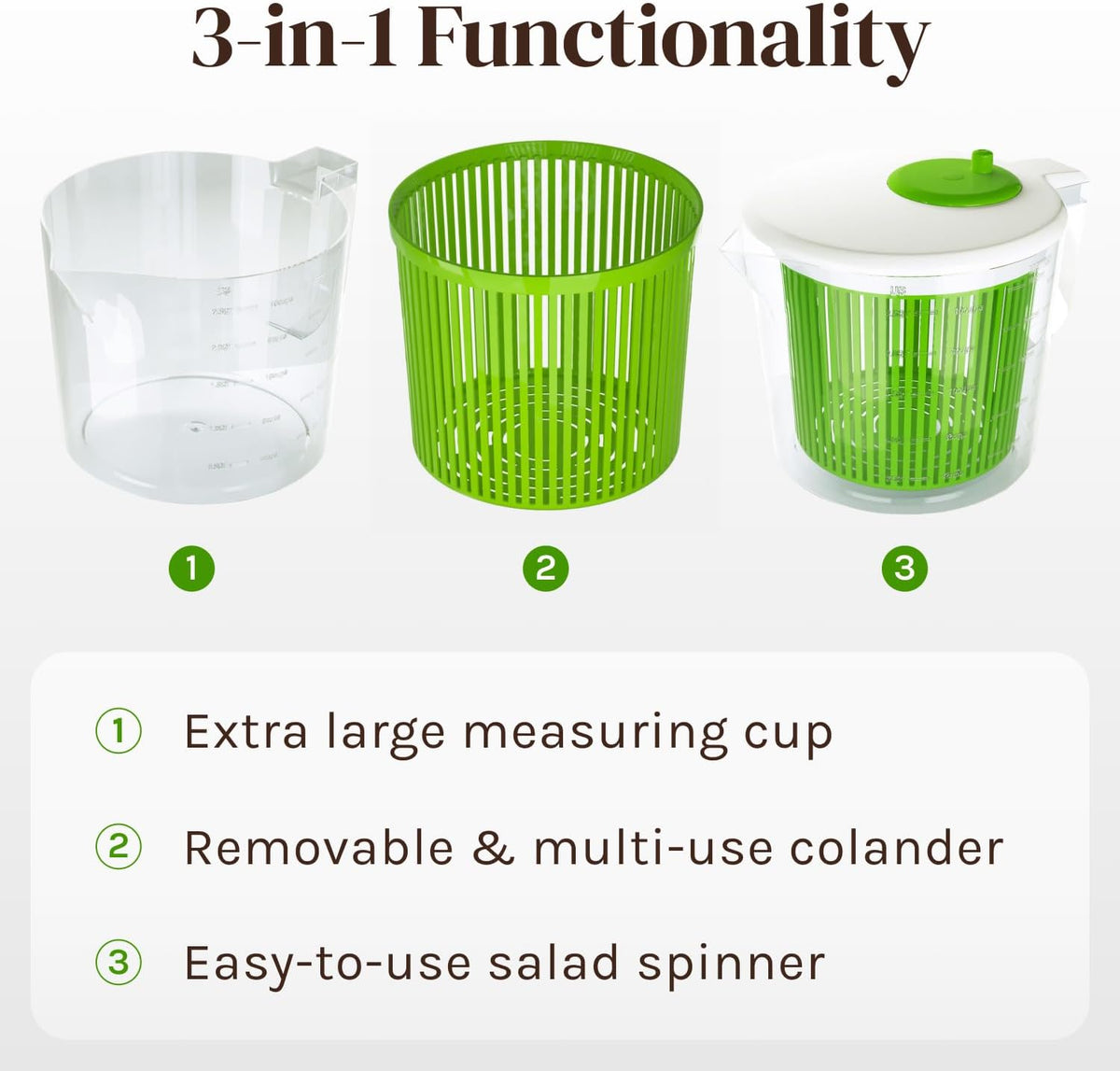 Salad spinner showing the measuring units on the bowl