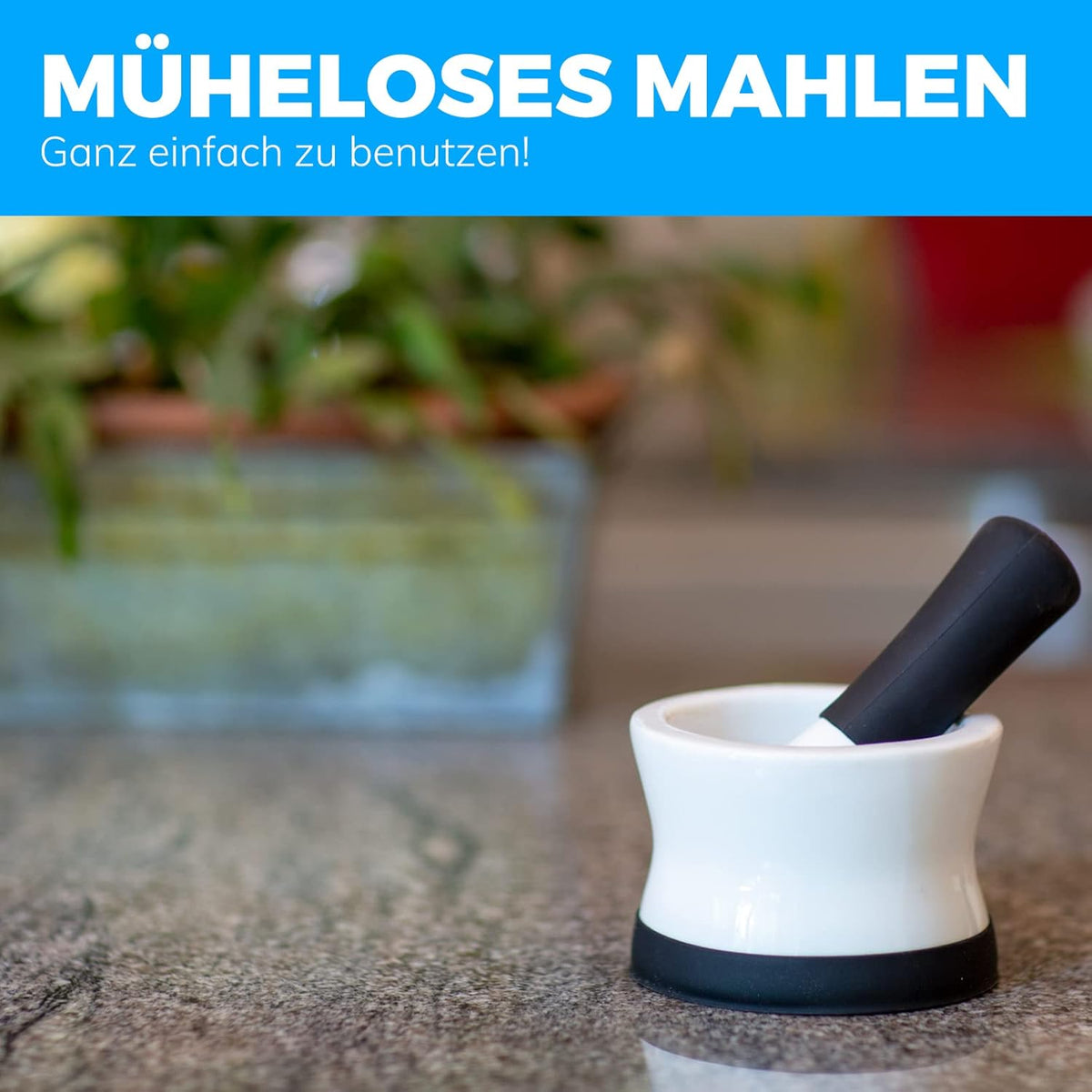 Mortar and pestle set on a kitchen counter