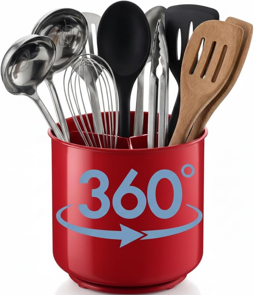 Utensil holder filled with cooking tools on a counter