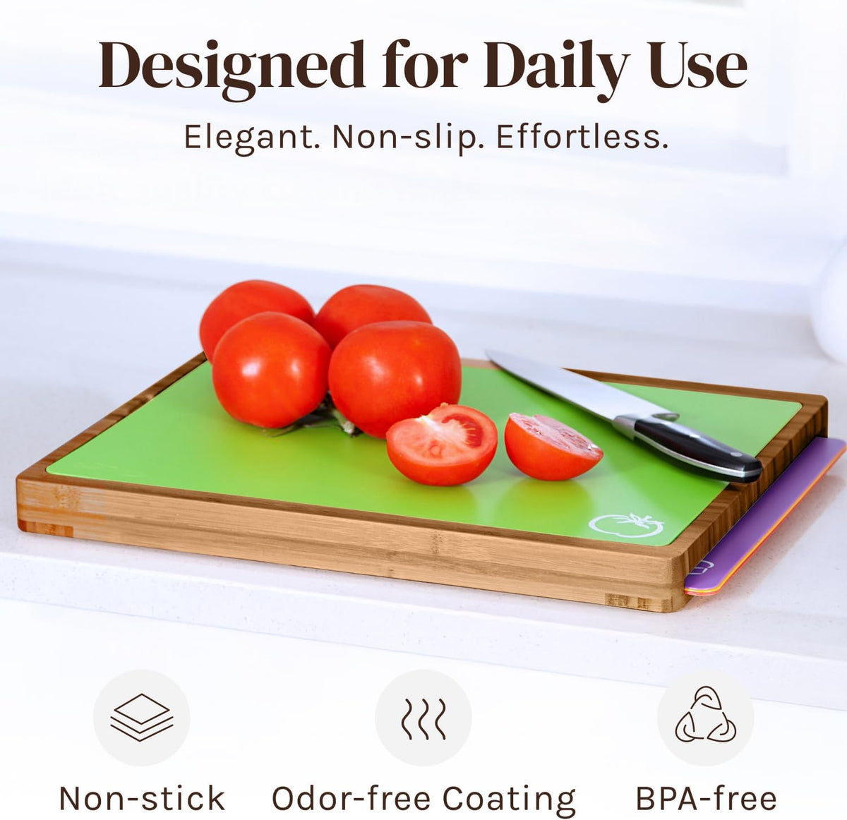 Color-coded cutting mats fanned out beside the bamboo board