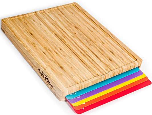 Bamboo cutting board set with holder and 6 color-coded mats