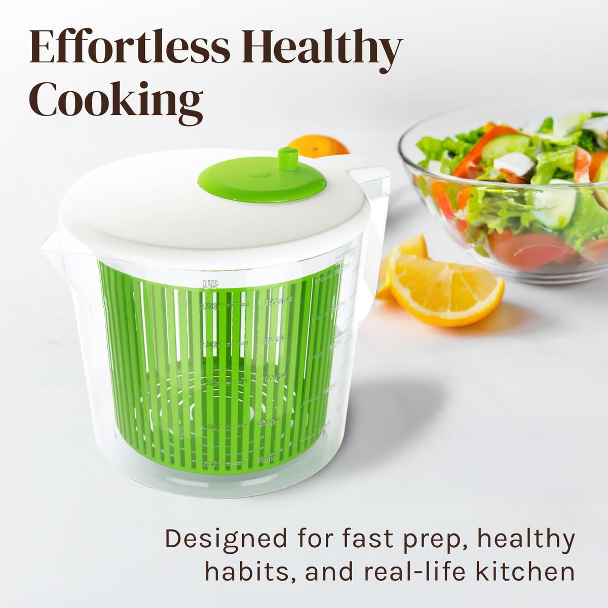Compact salad spinner beside a larger one for size comparison