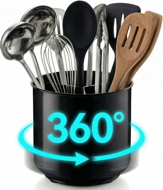 Extra large rotating utensil holder with weighted no-tip base - Cooler Kitchen