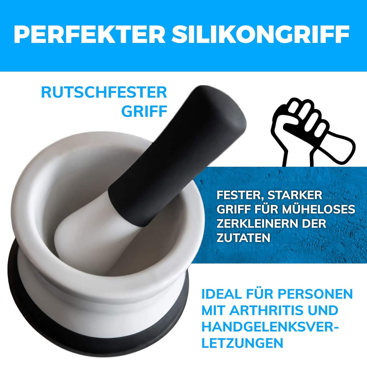 Pestle with a silicone EZ-grip handle, close-up