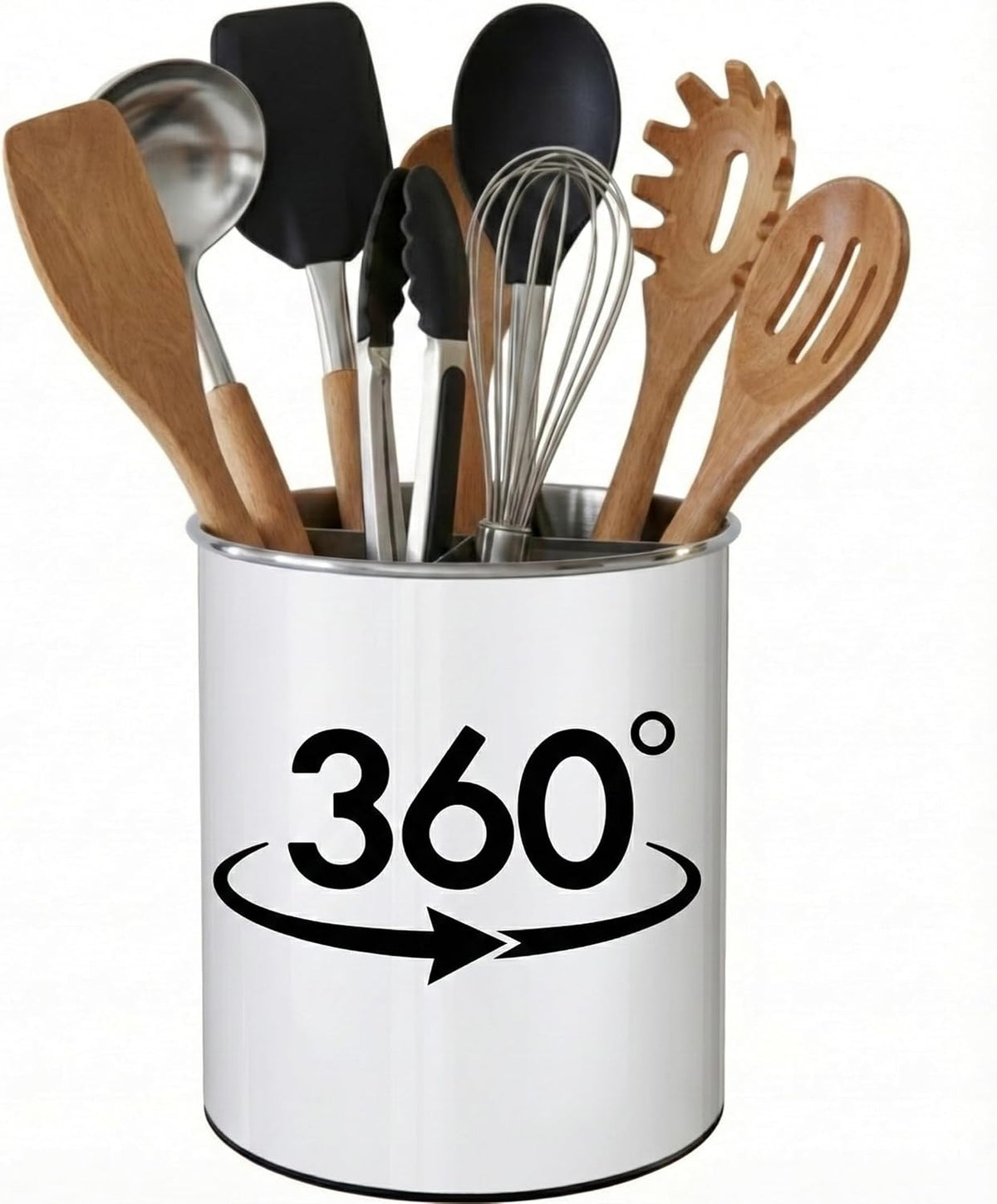 Black rotating utensil holder holding spatulas and whisks