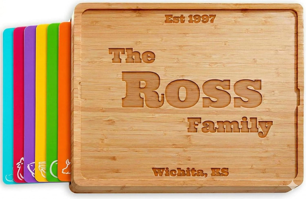 Bamboo cutting board set with a dimension reference