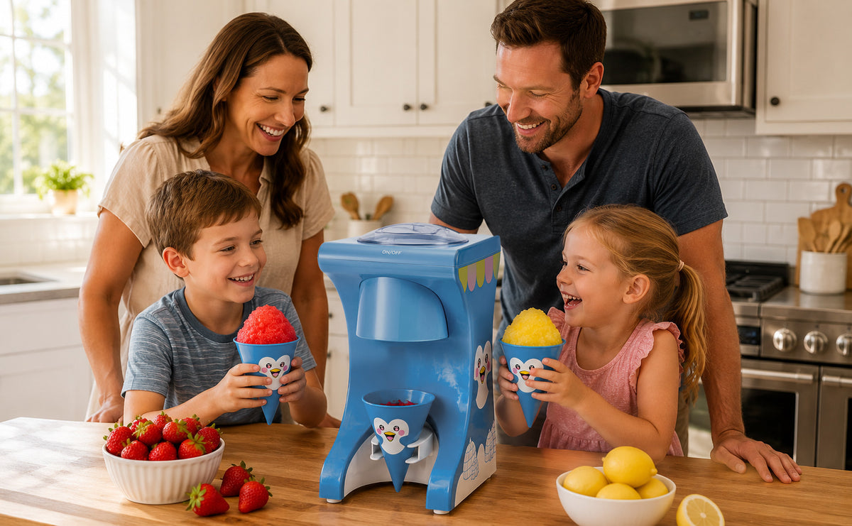 Snow cone machine with a size reference