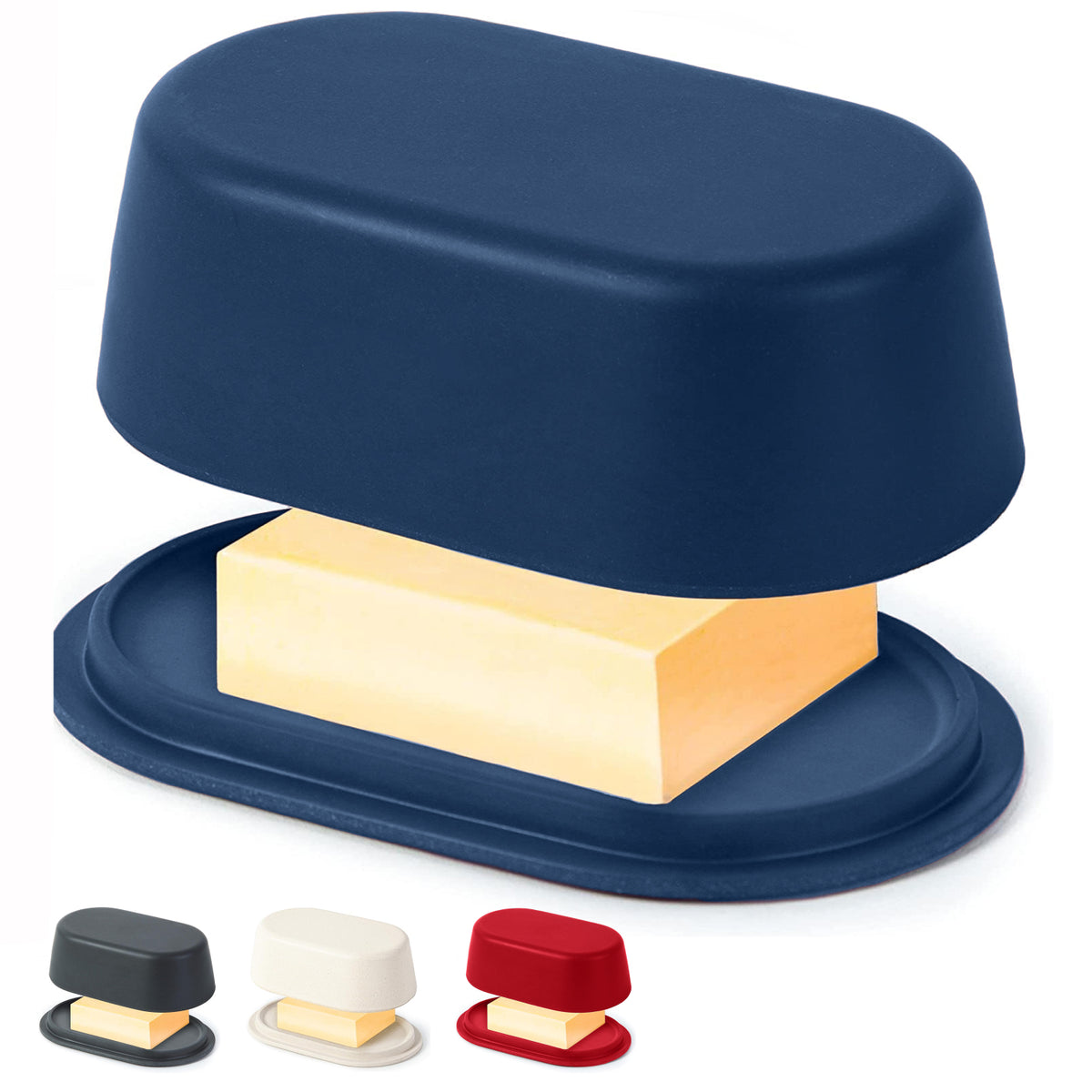 Bamboo butter dish shown fitting inside a fridge compartment