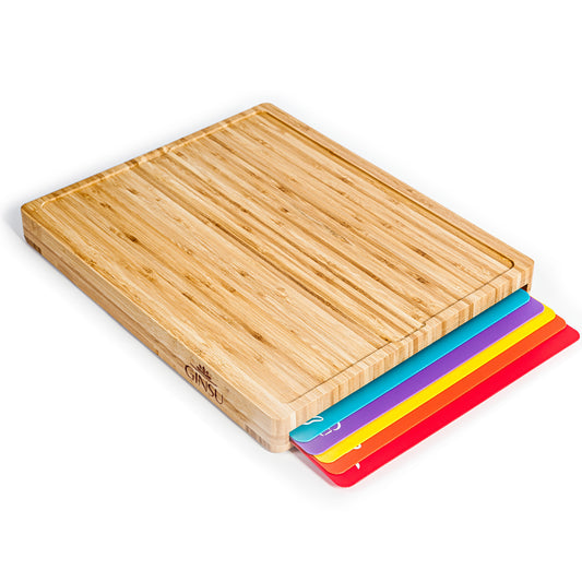 Ginsu bamboo cutting board set with 6 color-coded mats