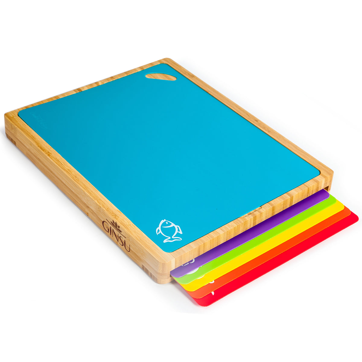 Bamboo cutting board with color-coded mats stored inside